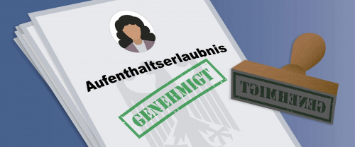 Symbolgrafik: Unter einer Aufenthaltsgenehmigung steht das Wort "genehmigt"